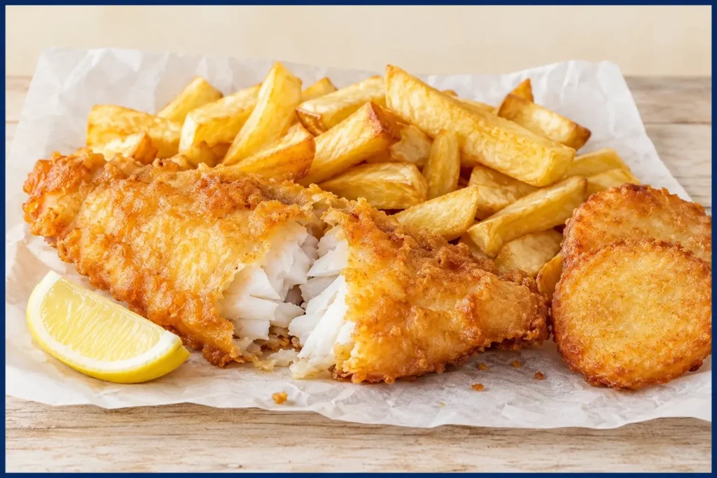 Golden fish and chips with lemon and a potato scallop