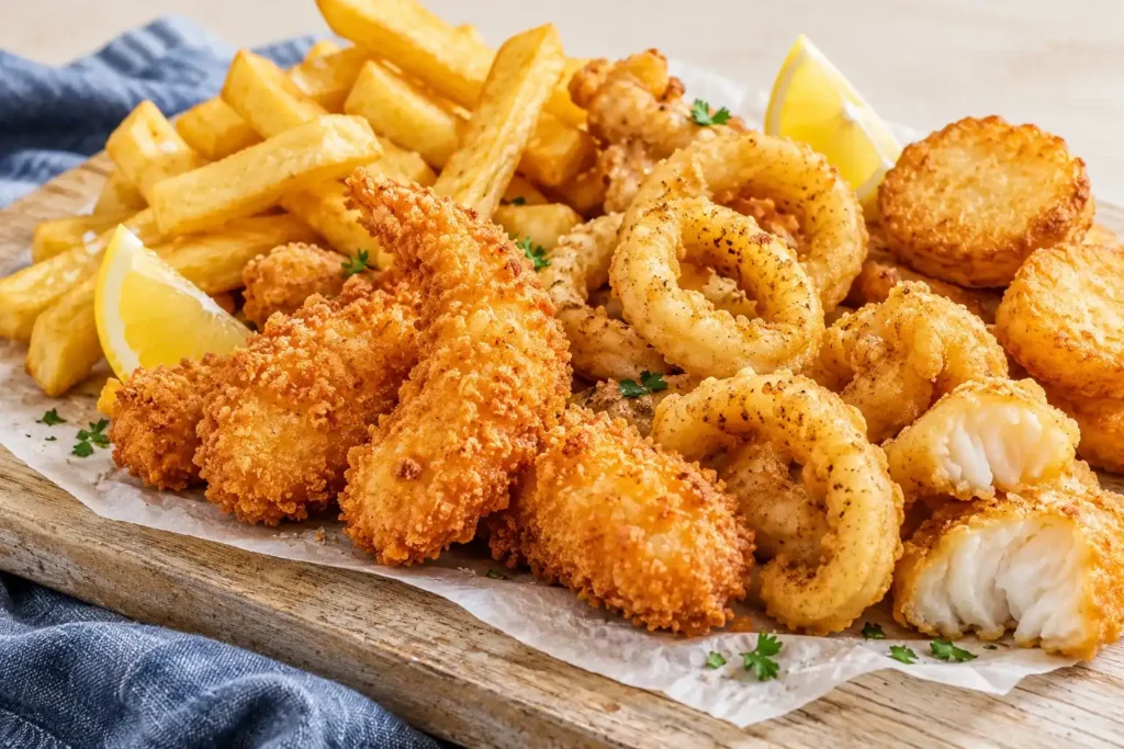 A selection of golden seafood and chips with lemon