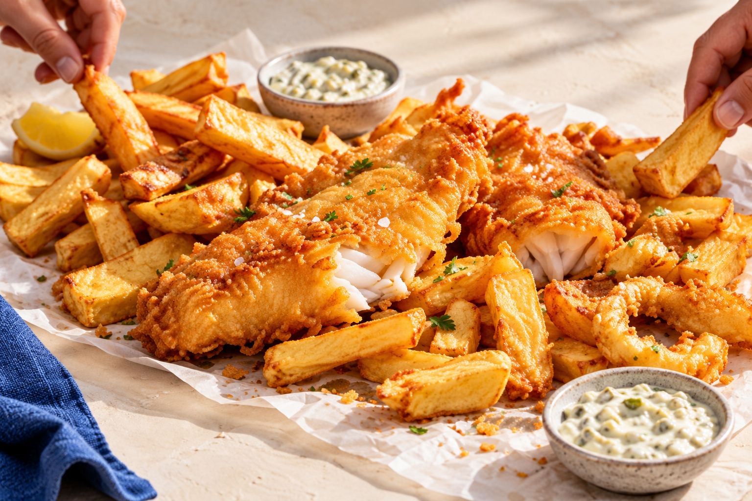 Hands sharing battered fish and chips with tartar sauce