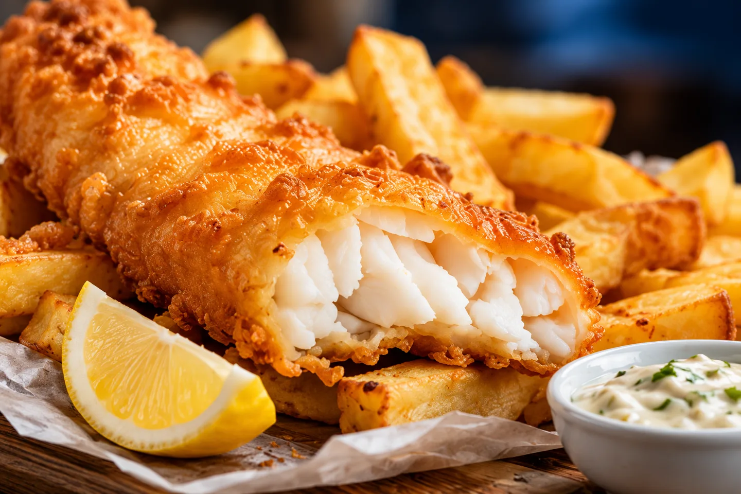 Golden battered fish with chips, lemon and tartar sauce
