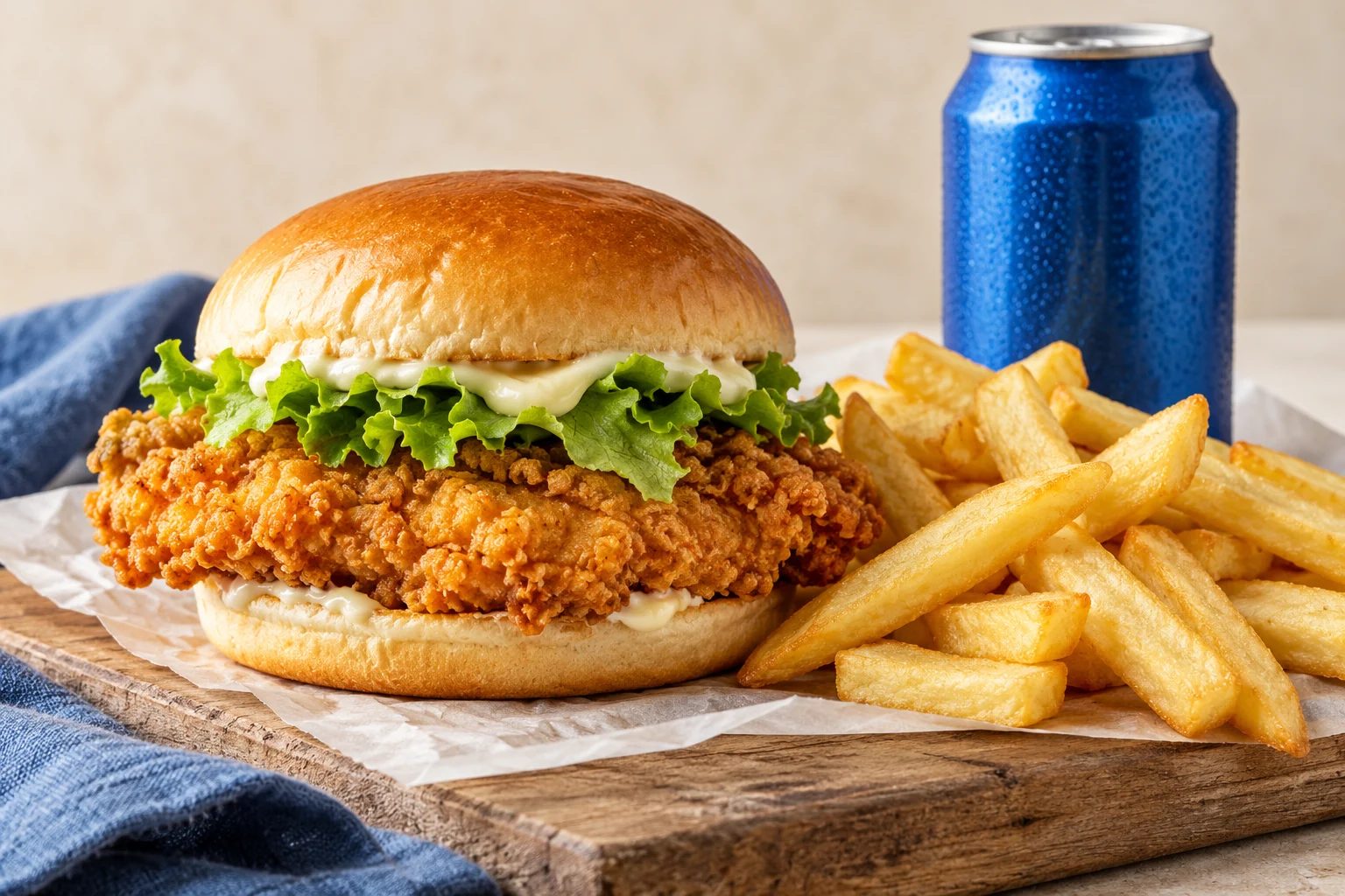 Chicken burger with lettuce, chips and a blue drink can