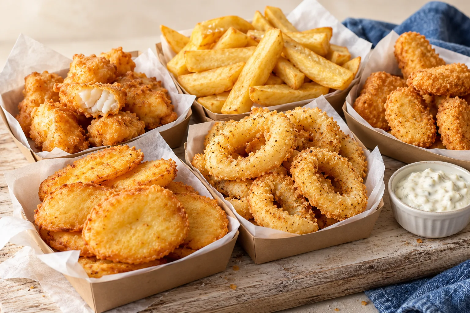 A selection of chips, calamari and takeaway sides