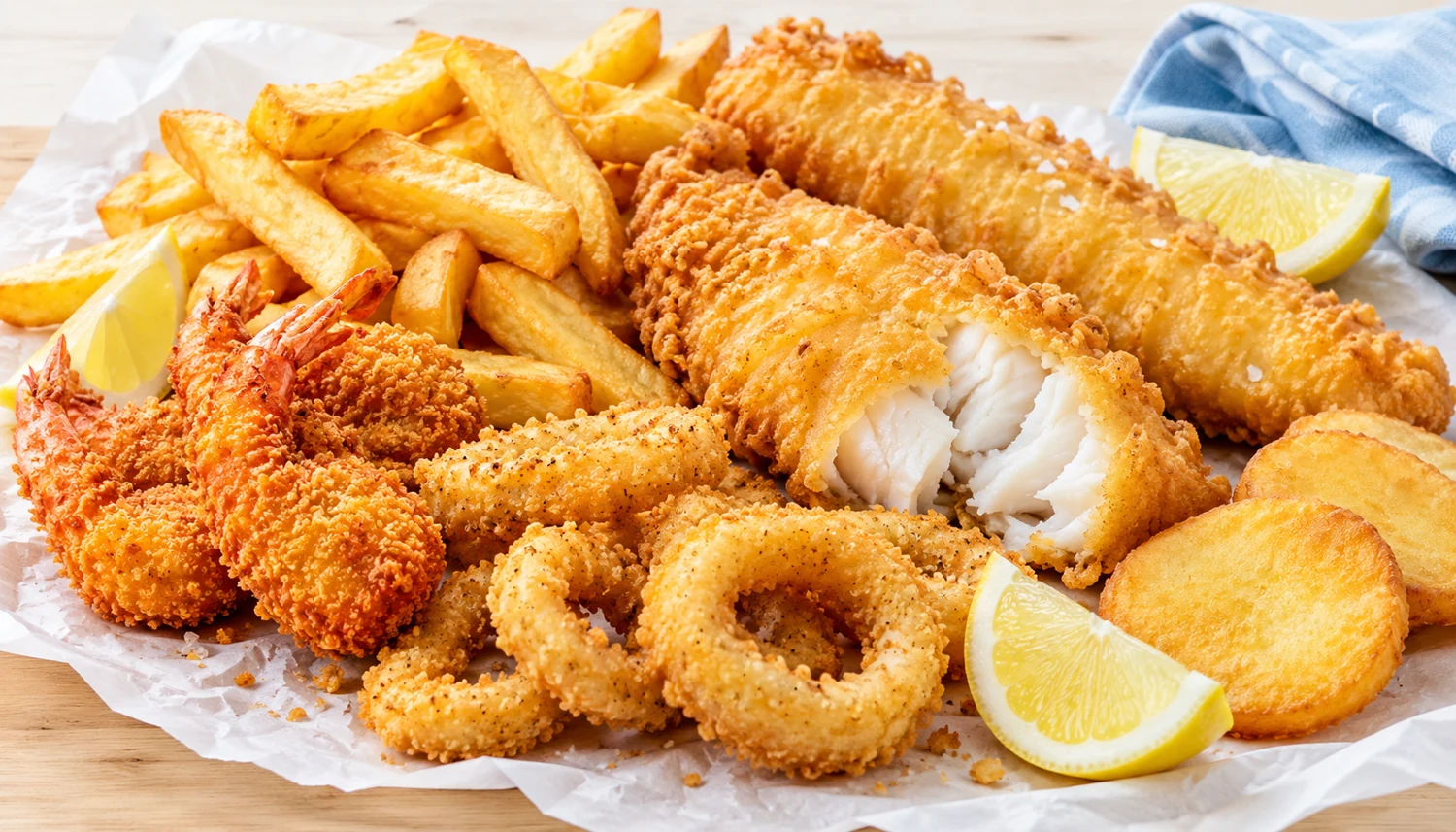 Sharing platter of battered fish, seafood and chips